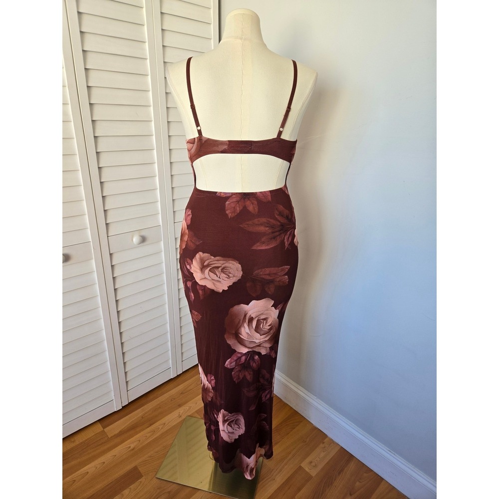 Madden Girl Brown Rose Mesh Cutout Midi Dress XL Y2K Romantic Bodycon Cocktail - Picture 4 of 9